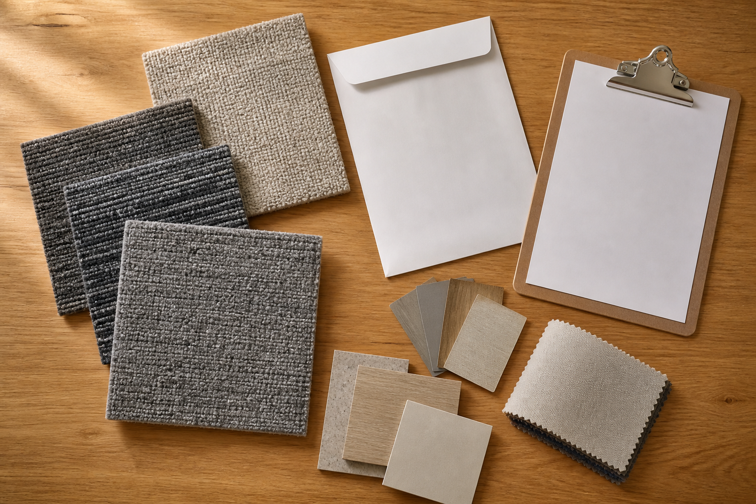 Overhead view of unbranded carpet tile samples, blank envelope and clipboard