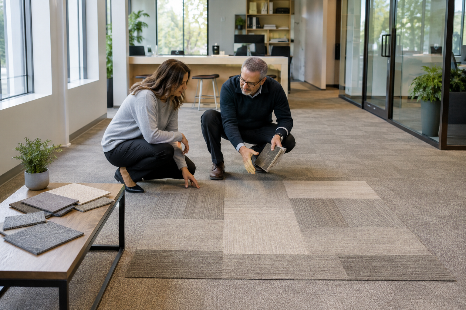 Two professionals reviewing unbranded carpet tile samples in an office mock-up area
