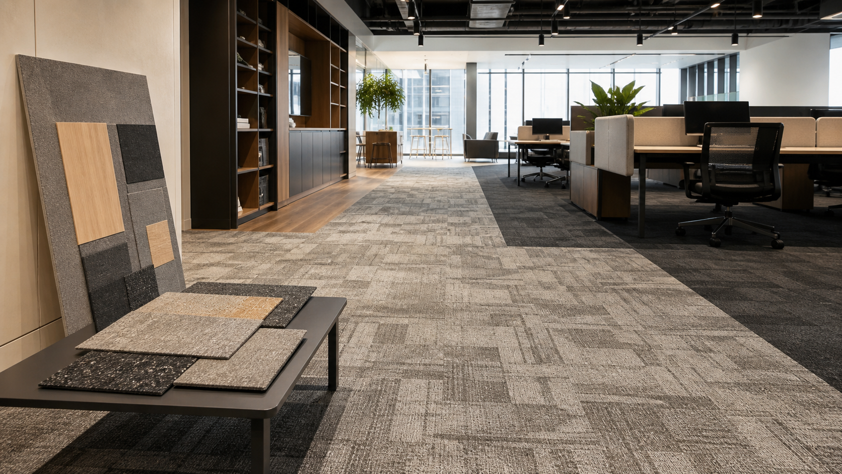 Open office renovation with a modular carpet tile floor and finish samples