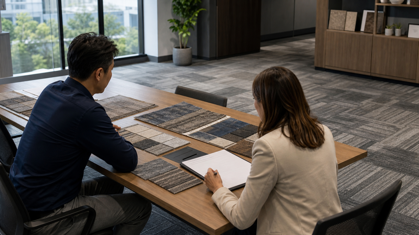 Professionals reviewing unbranded carpet tile samples in a commercial office
