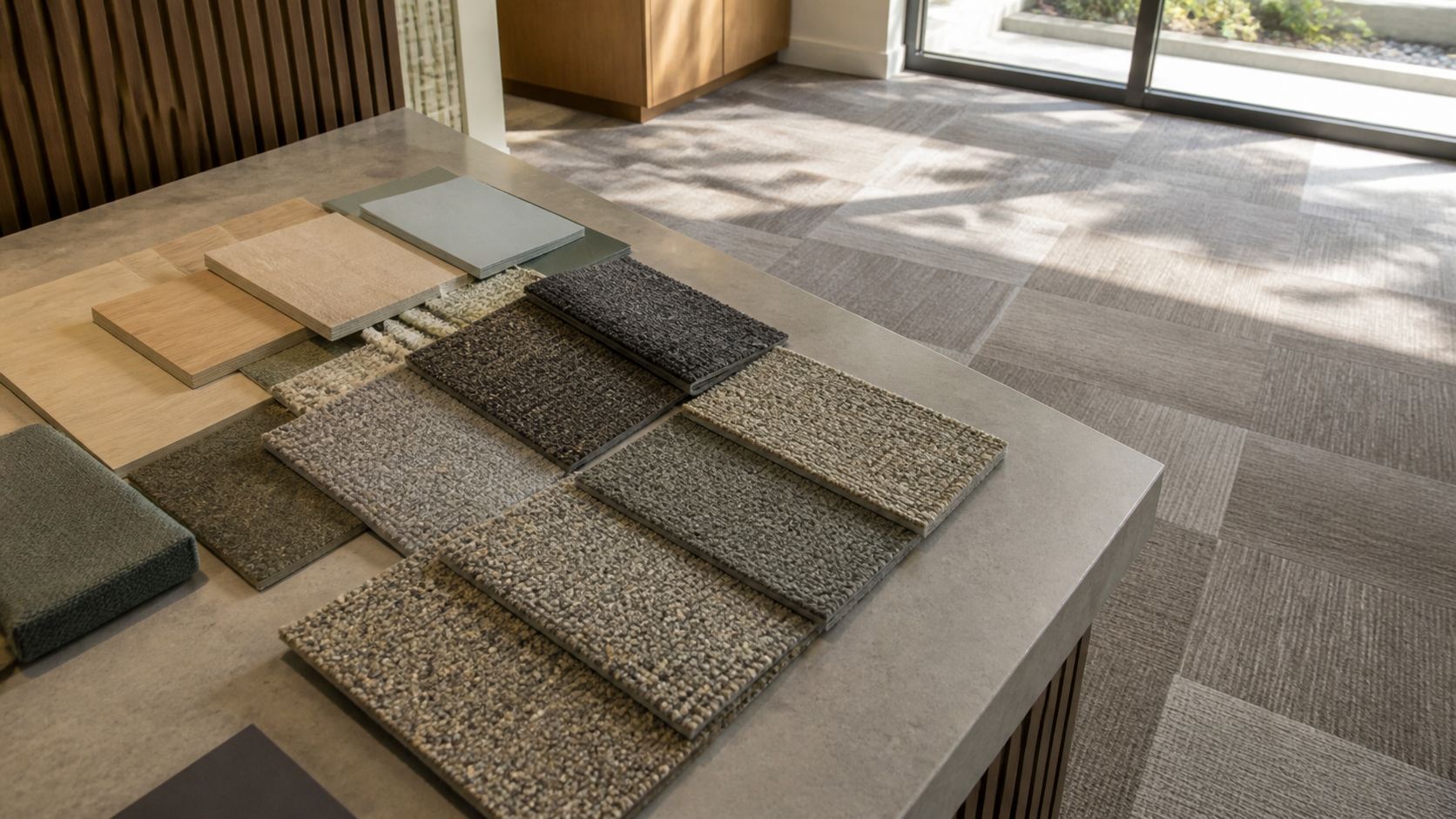 Carpet tile and interior finish samples in a commercial material-review corner