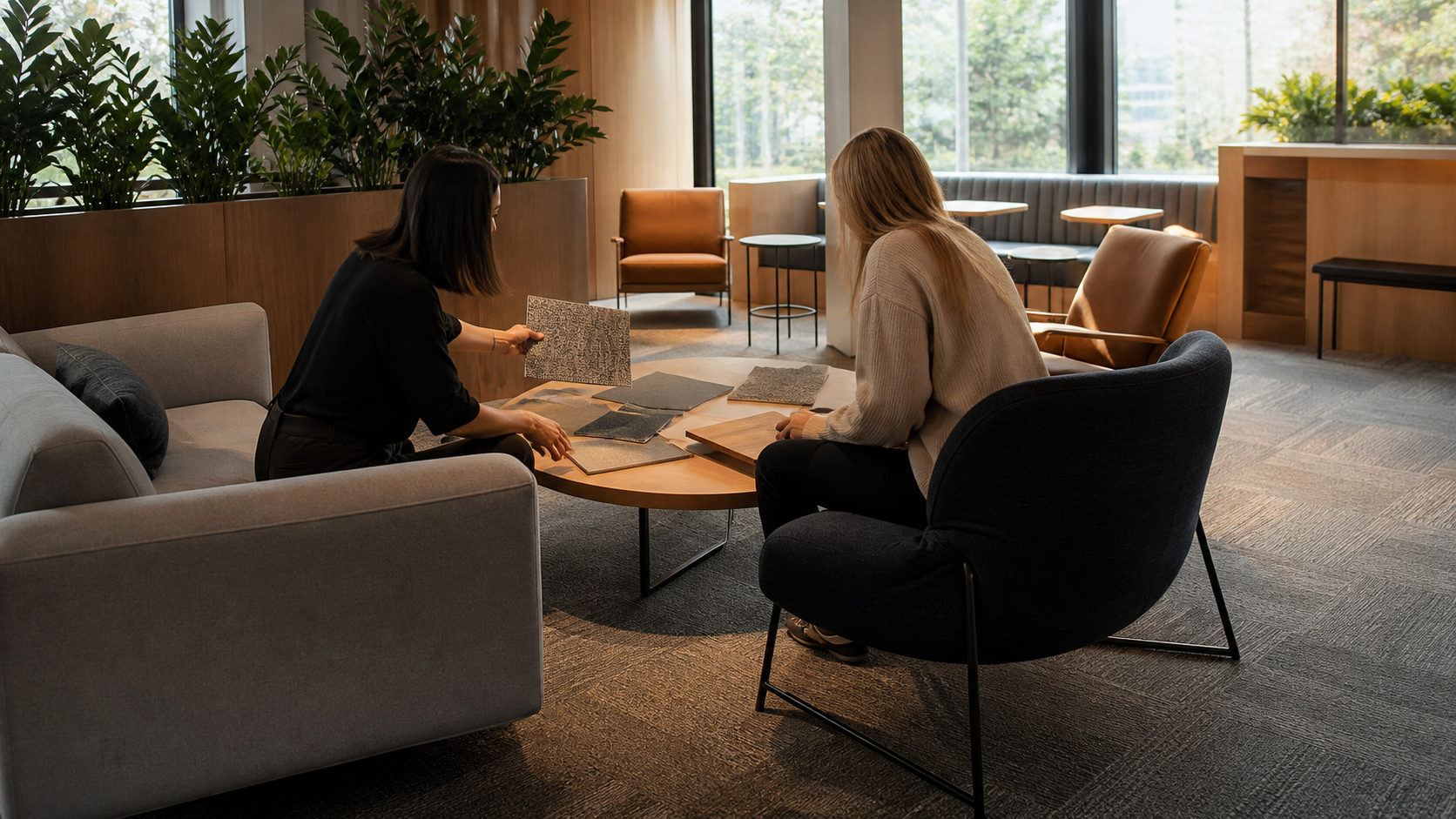 Interior designers comparing unbranded carpet tile samples in a commercial lounge