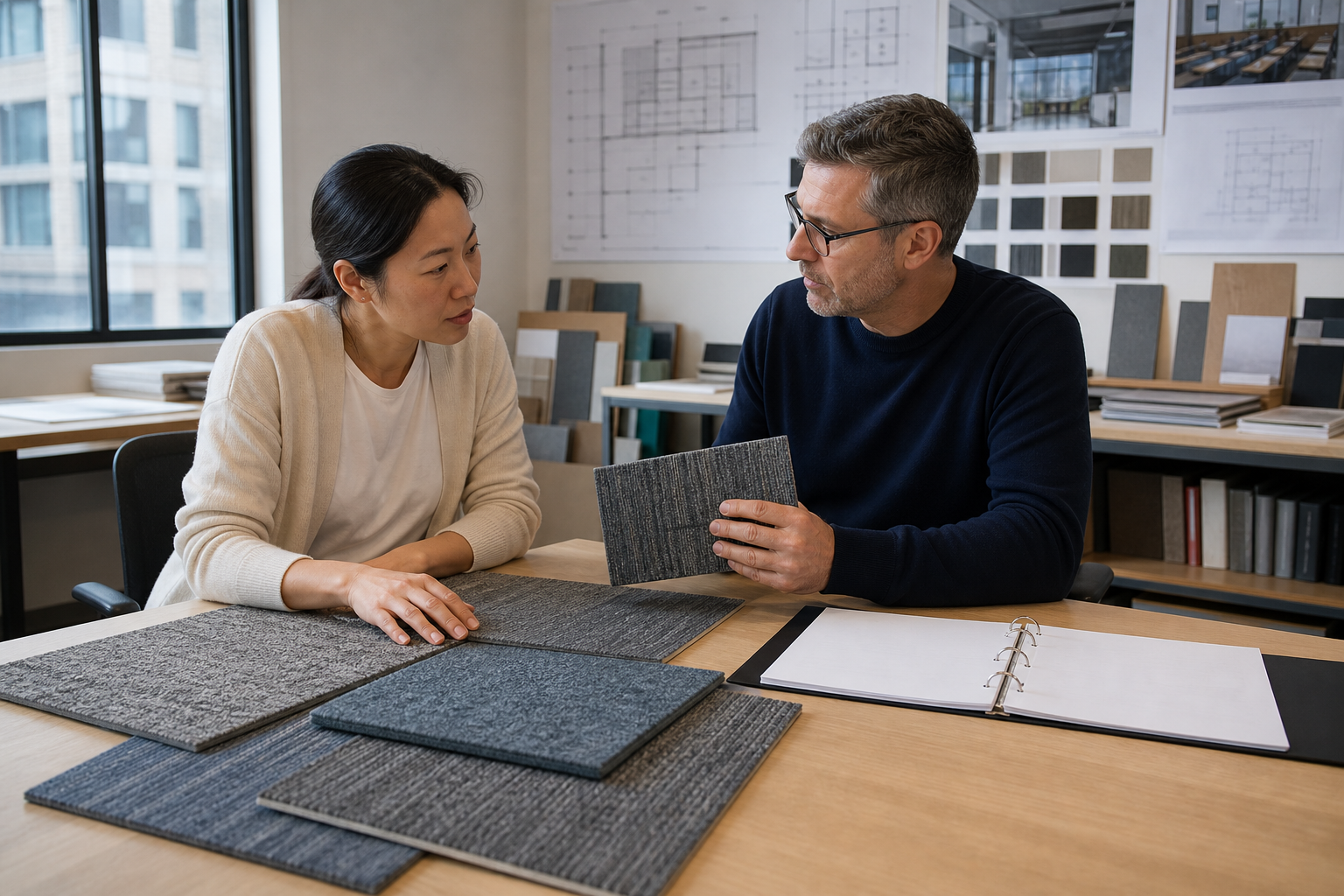 Professionals reviewing unbranded carpet tile samples and a blank document register