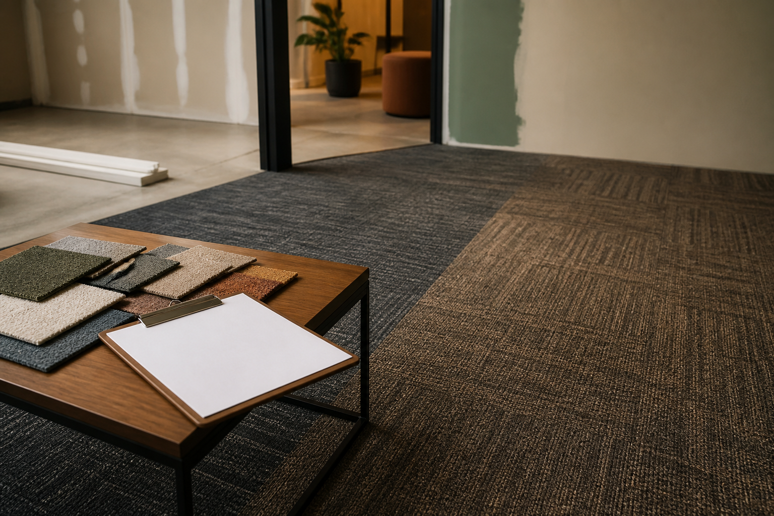Commercial renovation zone with carpet tile samples and an unlabeled clipboard