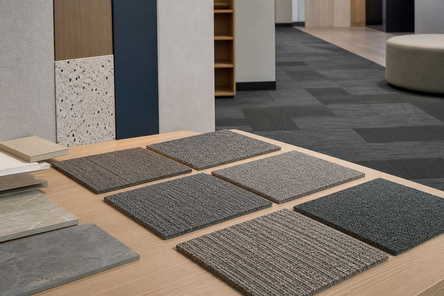 Carpet tile samples and adjacent material finishes in a commercial material library