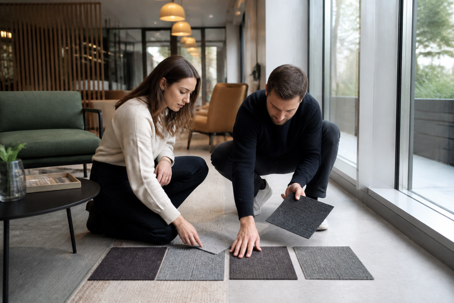 Designers comparing unbranded carpet tile samples near daylight in a commercial lounge