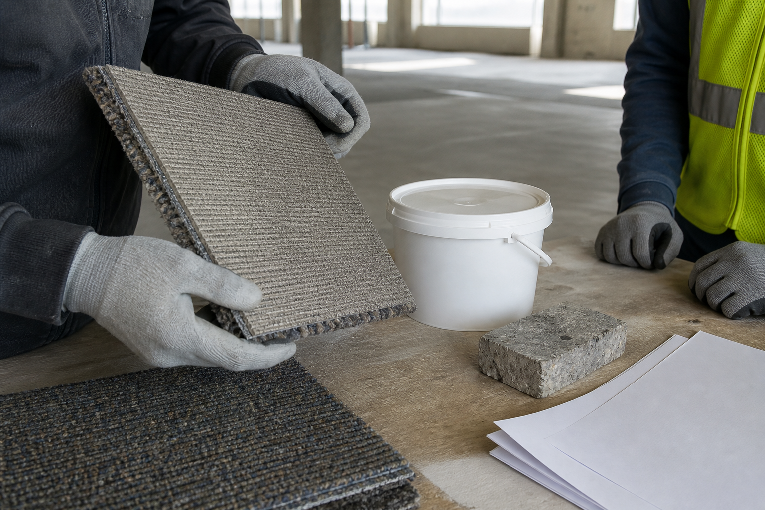 Unbranded carpet tile, closed adhesive pail, concrete sample and blank documents under review