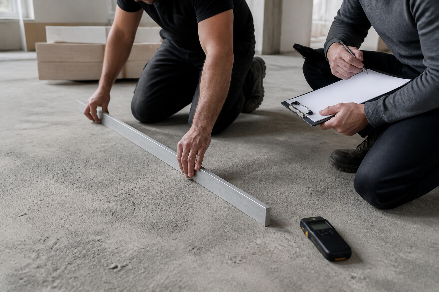 Flooring team checking an exposed concrete subfloor with a straightedge and blank site record