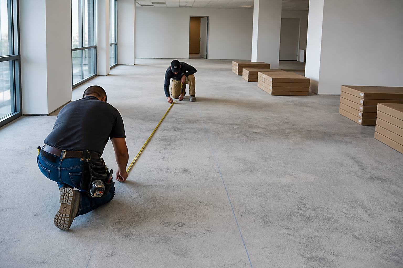 Installers establishing reference lines on an exposed commercial floor before carpet tile installation