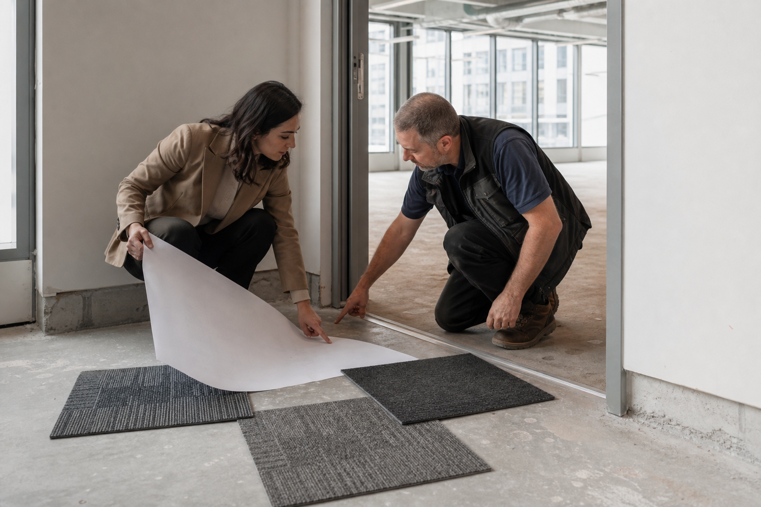 Designer and flooring supervisor reviewing loose carpet tile samples at a doorway transition