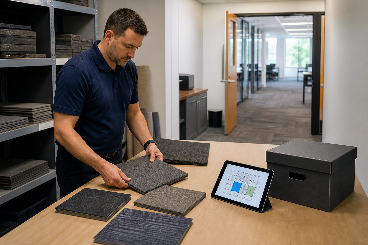Facilities technician organizing unbranded carpet tile samples and digital floor-zone records