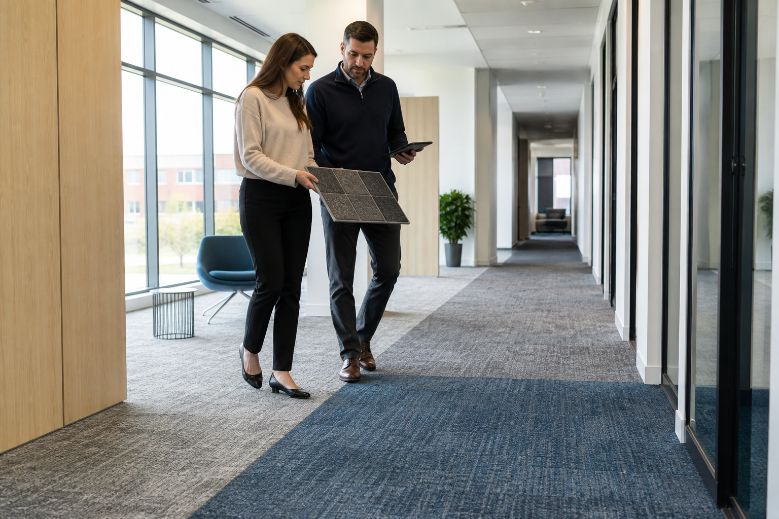 Facilities professionals comparing an unbranded carpet tile sample board with zones in an office corridor