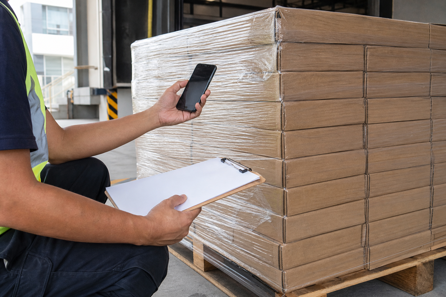 Site receiver photographing and counting sealed unbranded carpet tile cartons on a pallet