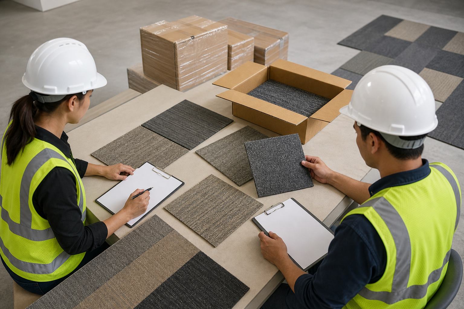 Project team visually comparing unbranded carpet tile samples and an opened carton in a clean inspection area