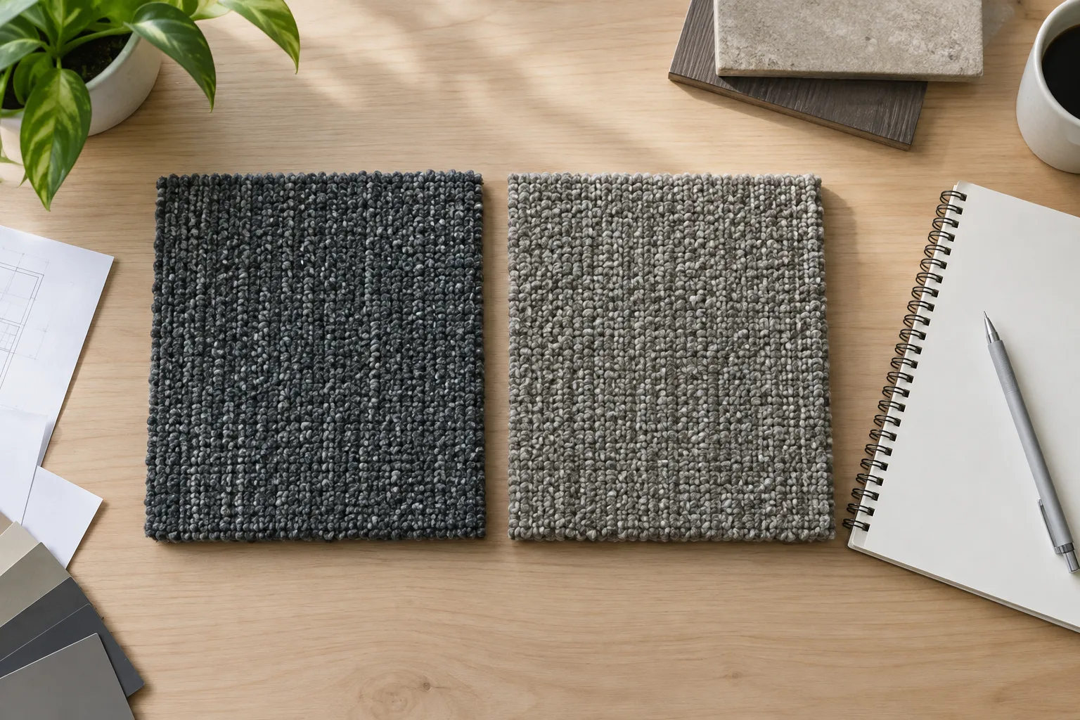 Two carpet tile textures compared on a design table