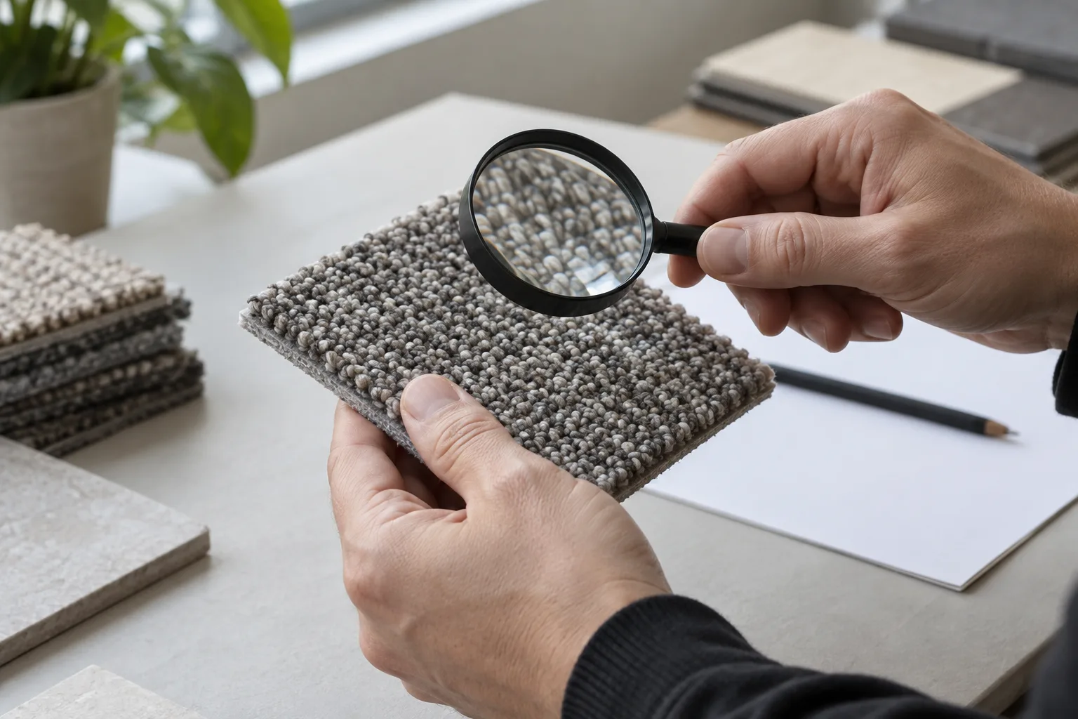Close inspection of carpet loops through a magnifier