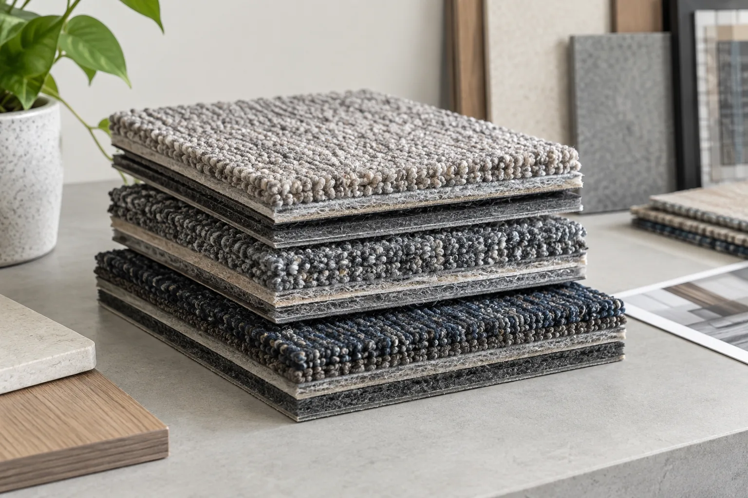 Stacked carpet tile layers showing face and backing