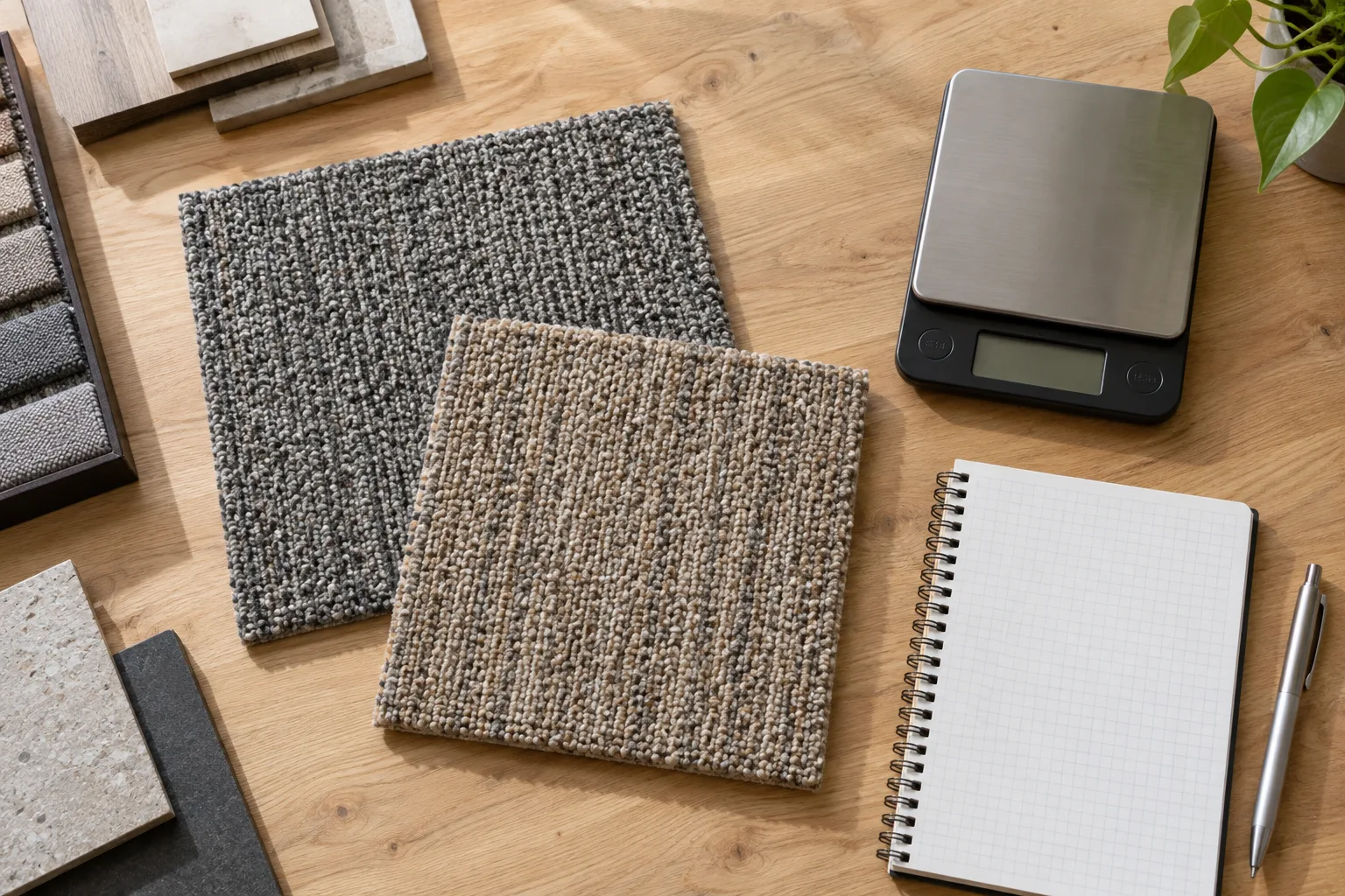 Carpet samples beside a scale and a blank specification sheet