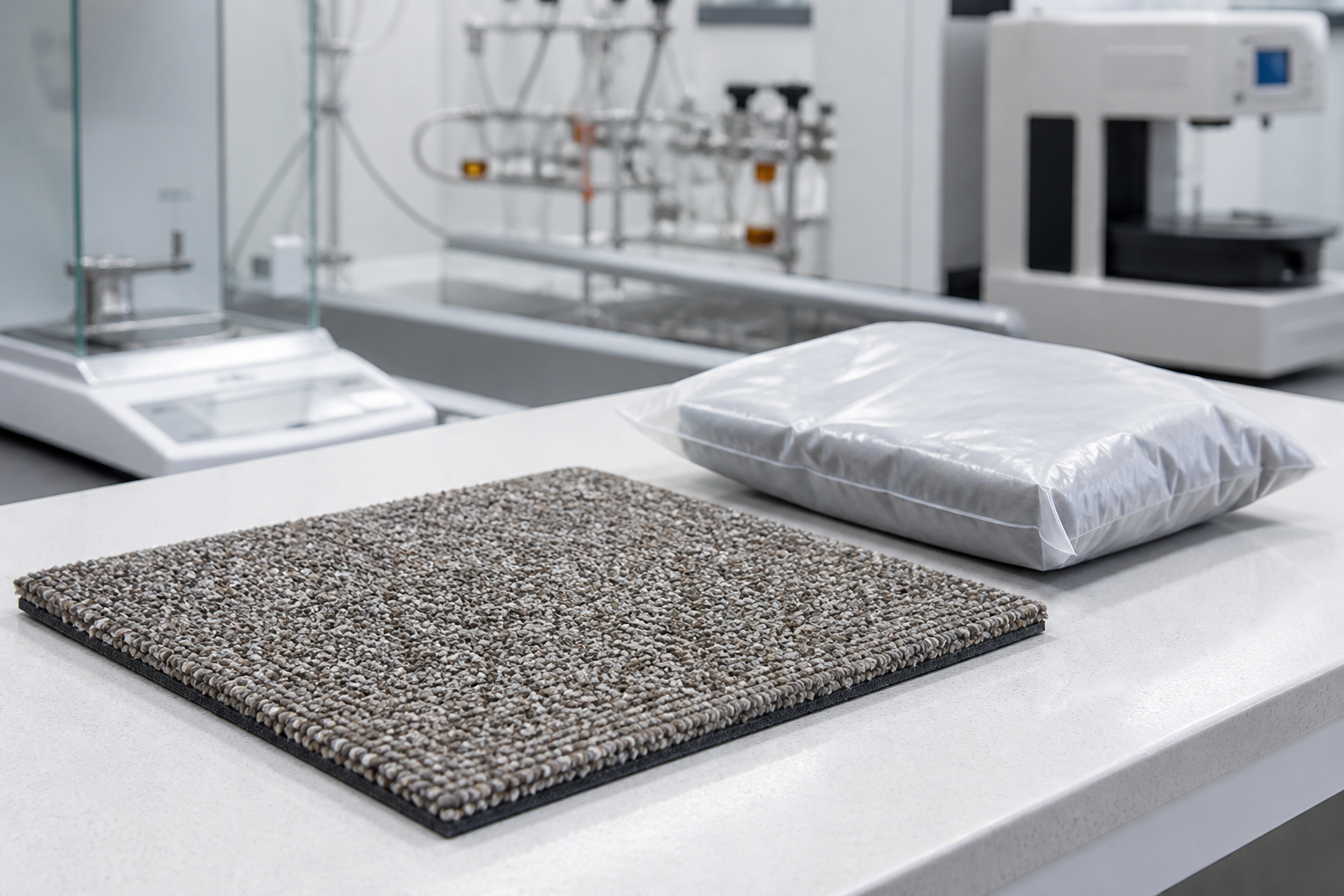 AI-generated conceptual image of an unbranded carpet sample on a preparation bench with neutral laboratory context.