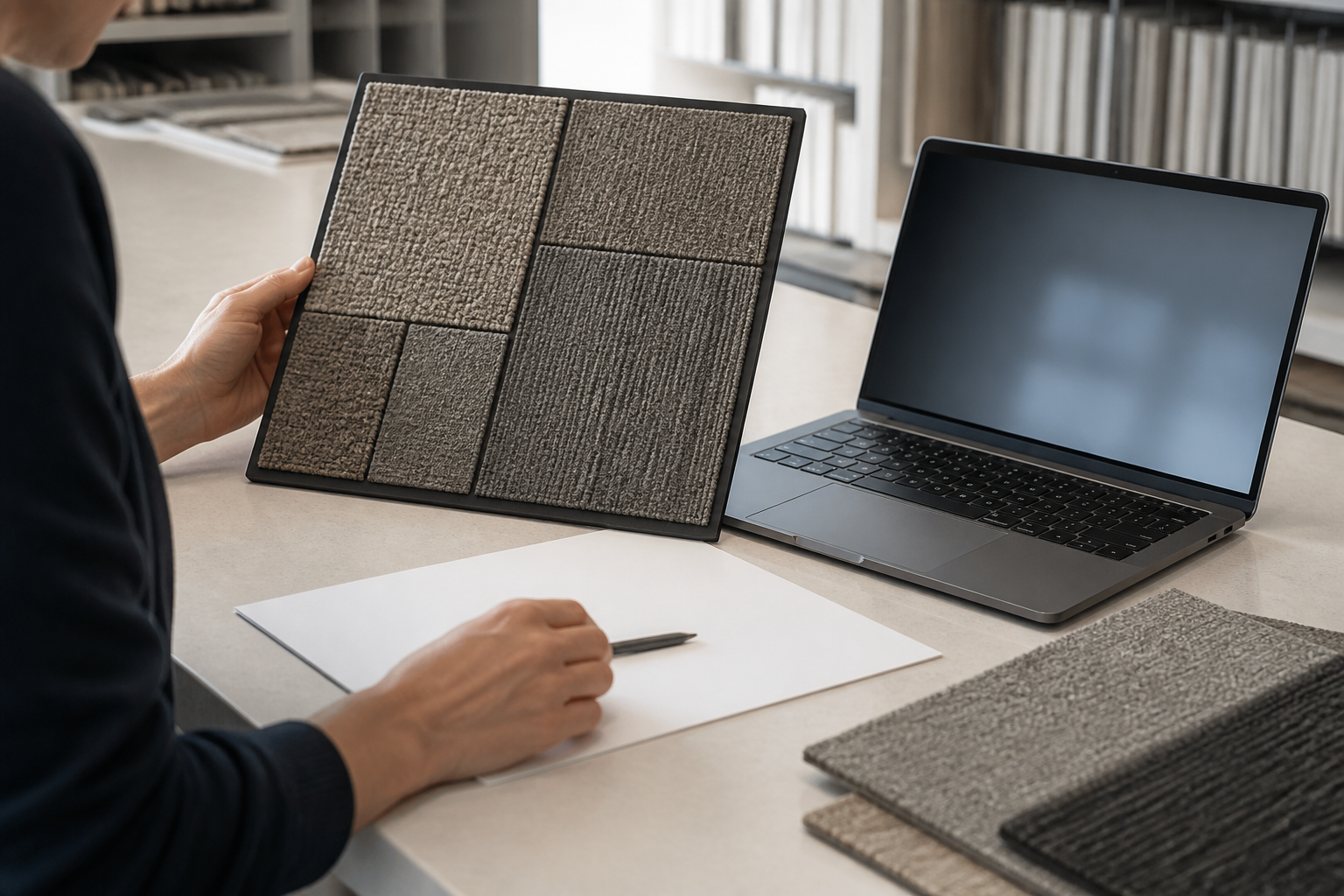 AI-generated conceptual image of a procurement review with an unbranded carpet tile sample and standards documents.