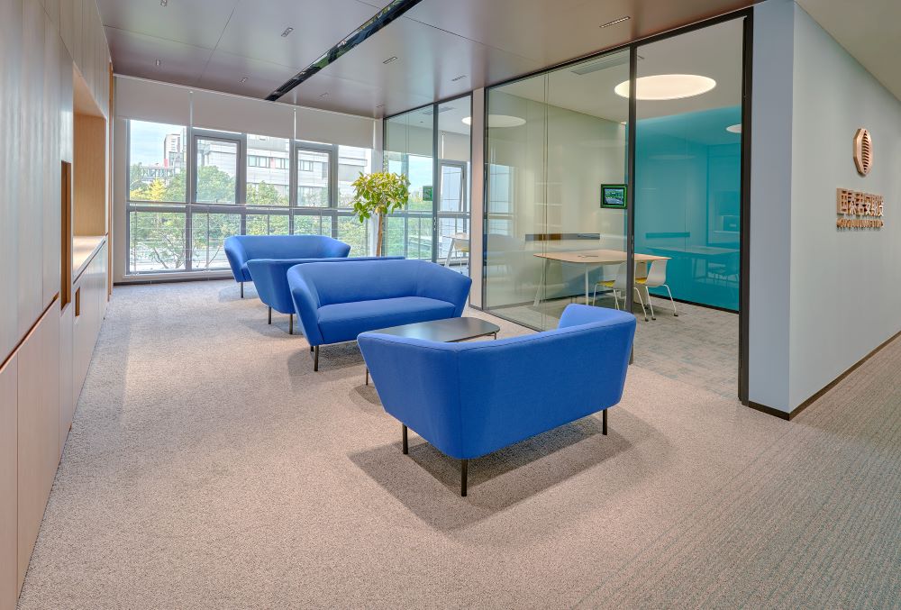 Office reception with blue seating and carpet zones, used as visual context for reviewing contrast and adjacent finishes